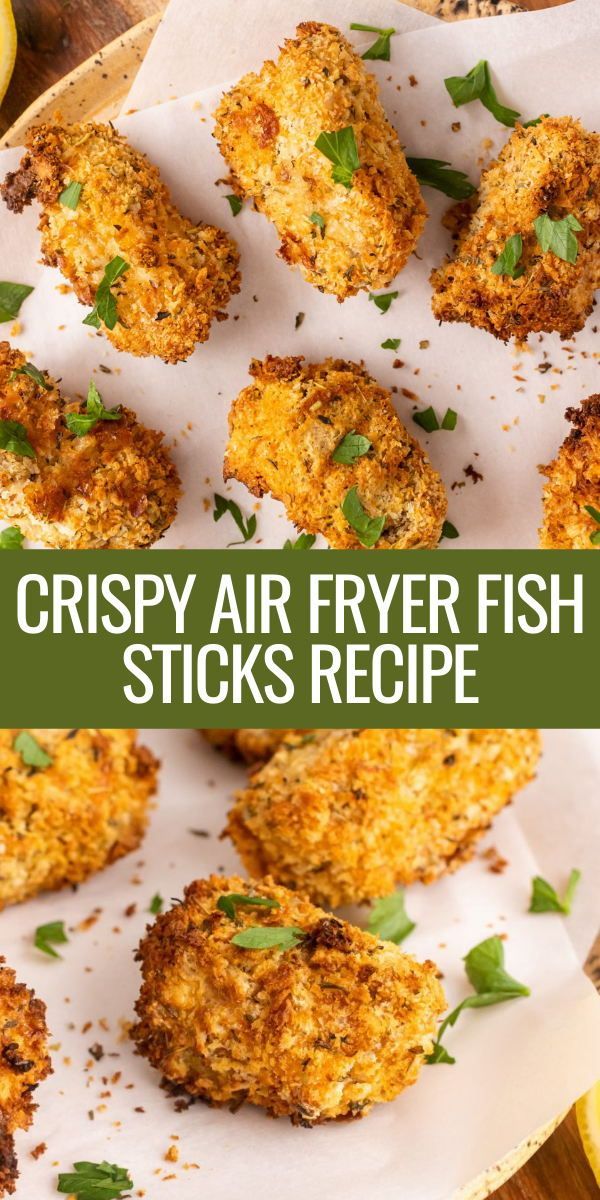 crispy air fryer fish sticks recipe on a plate with lemons and parsley