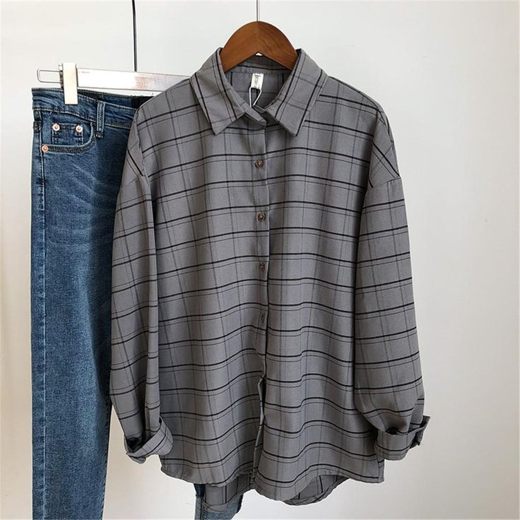 Checkered Plaid Long Sleeve Blouse Shirt – Tomscloth Gray Relaxed Fit Long Sleeve Shirt, Gray Cotton Top For Office, Gray Cotton Office Top, Gray Relaxed Fit Button-up Top, Oversized Gray Long Sleeve Shirt, Oversized Long Sleeve Shirt In Gray, Casual Gray Button-up Blouse, Gray Long Sleeve Office Shirt, Gray Collared Top For Fall