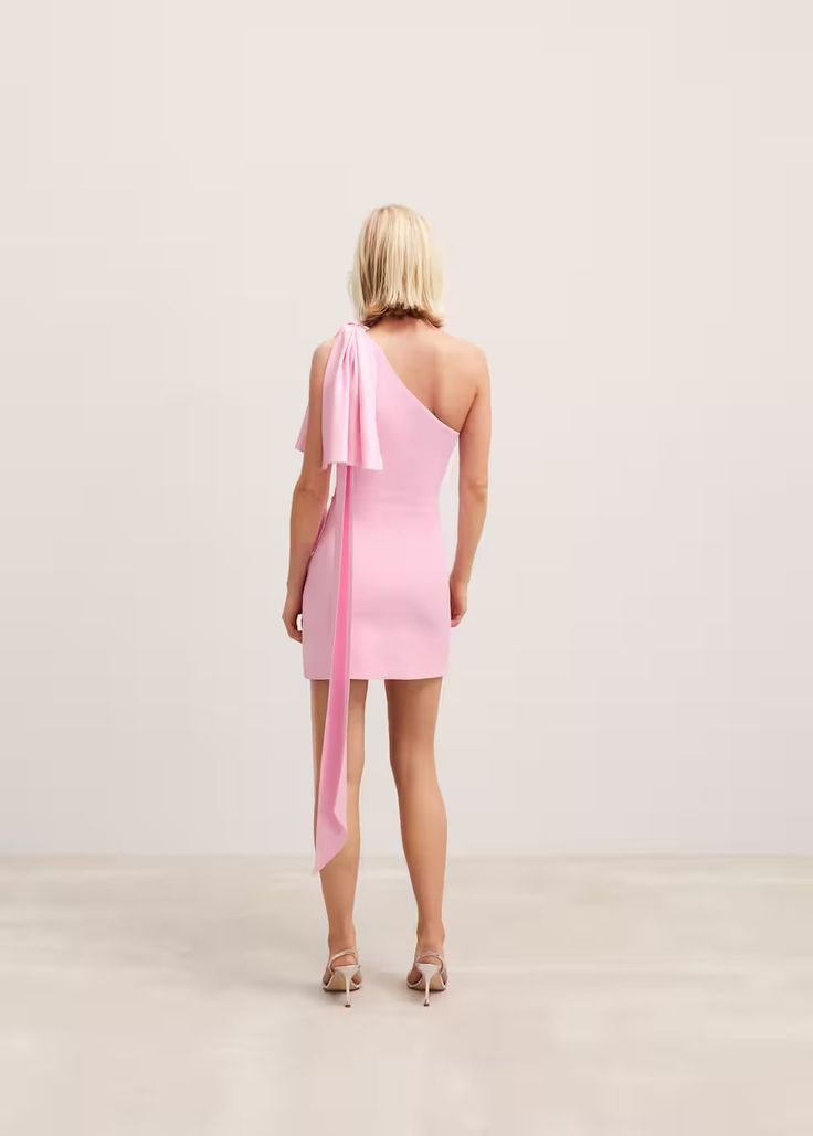 Asymmetrical dress with maxi-bow - Women | Mango USA Chic Pink One-shoulder Asymmetrical Dress, Pink Evening Dress With Bow, Pink One-shoulder Dress With Asymmetrical Neckline For Gala, Pink One-shoulder Dress For Gala, Pink One Shoulder Dress With Asymmetrical Neckline For Gala, Fitted Pink One Shoulder Dress For Evening, Spring Party One Shoulder Pre-draped Dress, Chic Pink Dress With Bow, Pink Fitted One Shoulder Evening Dress