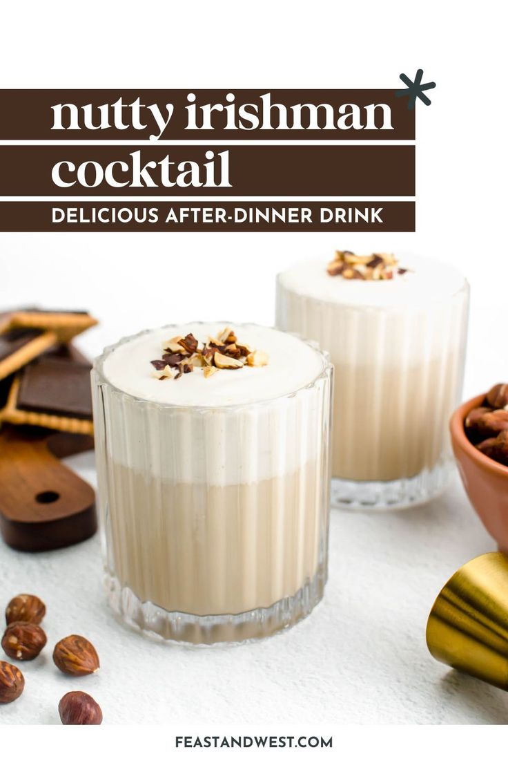 nutty irishman cocktail with chocolate and nuts on the side, served in small glasses