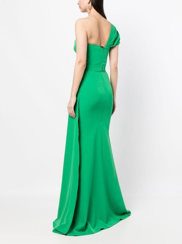 Rhea Costa one-shoulder Gathered Dress - Farfetch Satin Evening Dress, Green Drapes, Satin Evening Dresses, Dress Open Back, Gathered Dress, Flare Skirt, Green Dress, Evening Dress, Floor Length