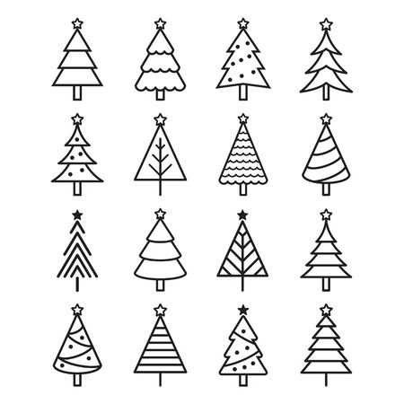 twelve different christmas trees in black and white