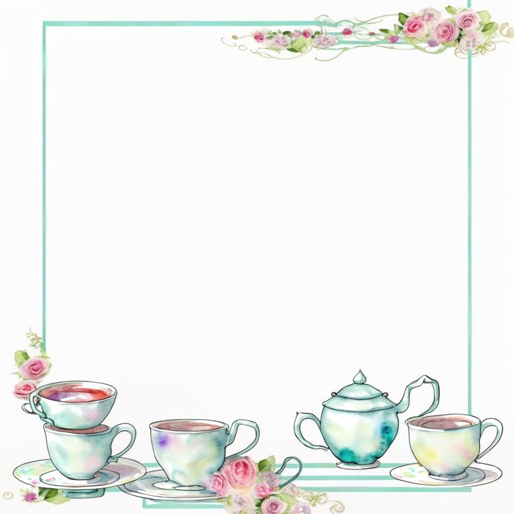 tea cups and saucers with pink roses on the side, in front of a white background