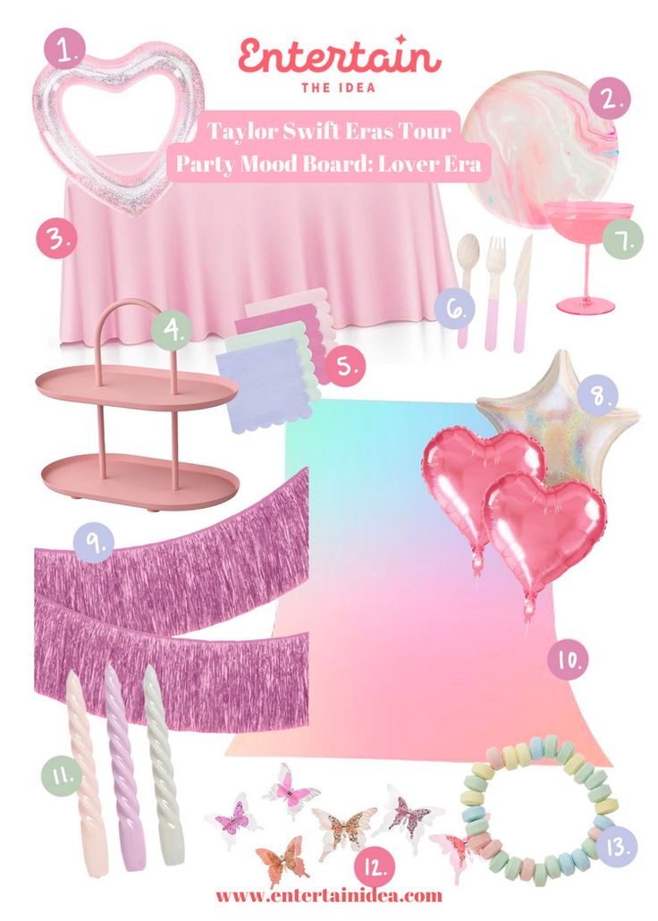 an image of a pink party theme with balloons, cake and other items on it