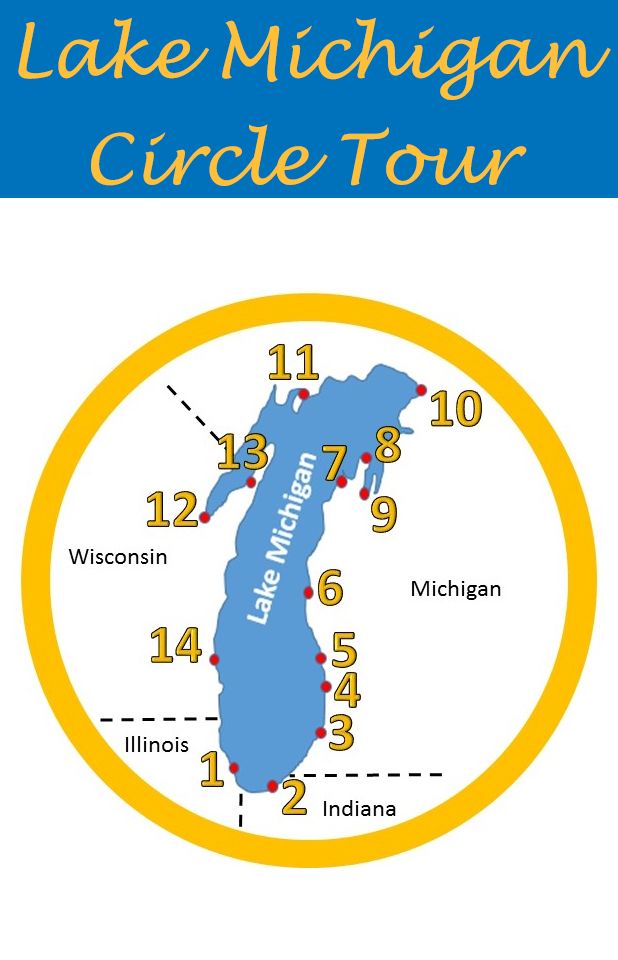 the lake michigan circle tour is shown in blue and yellow with an image of michigan on it