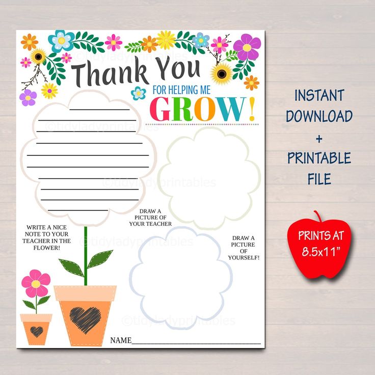 a thank card with flowers and potted plants on the side, in front of an apple