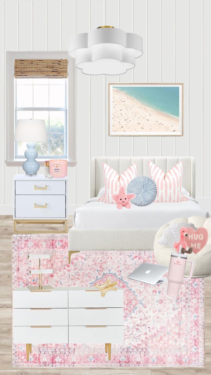 a bedroom with white furniture and pink accents on the walls, along with an ocean themed bed