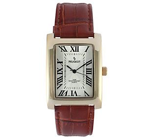 A rectangular 14K gold-plated case serves as a sophisticated frame for the silvery dial and bold black Roman numerals on this classic watch. From Peugeot. Classic Square Watch For Formal Occasions, Classic Square Watches For Formal Occasions, Classic Square Formal Watches, Classic Rectangular Watches With Subdials, Classic Watches With Rectangular Metal Dial, Classic Rectangular Metal Dial Watch, Classic Rectangular Watch Accessories For Formal Occasions, Classic Gold Watch With Square Face, Classic Gold Watch With Rectangular Dial