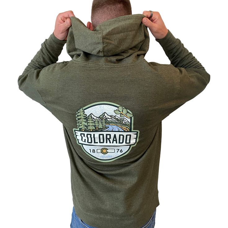 A hooded sweatshirt version of our 2023 best selling Woodland t-shirt, this Colorado hoodie is an awesome combination of organic outdoor colors and ColoradoCool's bold design style. Features a sweet outdoor Colorado landscape, big "COLORADO" text, Colorado's established date and a nice subtle topo map in the background. The smaller design on the front is perfect for those who like to put into practice a little bit of that "mullet approach", business in the front and party in the back. Snag this Colorado Hoodie, Colorado Outfits, Colorado Landscape, State Of Colorado, Topo Map, Hoodie Green, Bold Design, Small Designs, Design Style