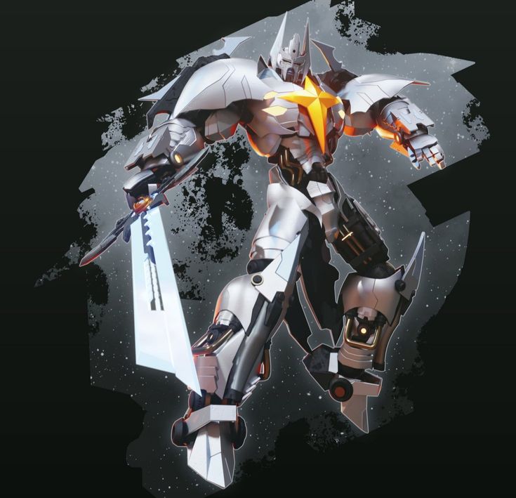 the robot is standing in front of a black background with white and yellow accents on it