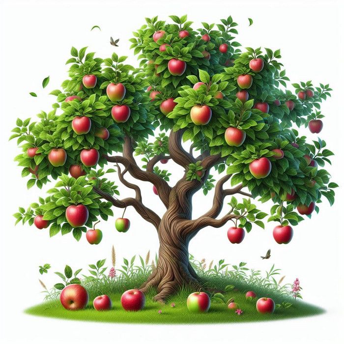 an apple tree with lots of apples growing on it's sides and leaves around the branches