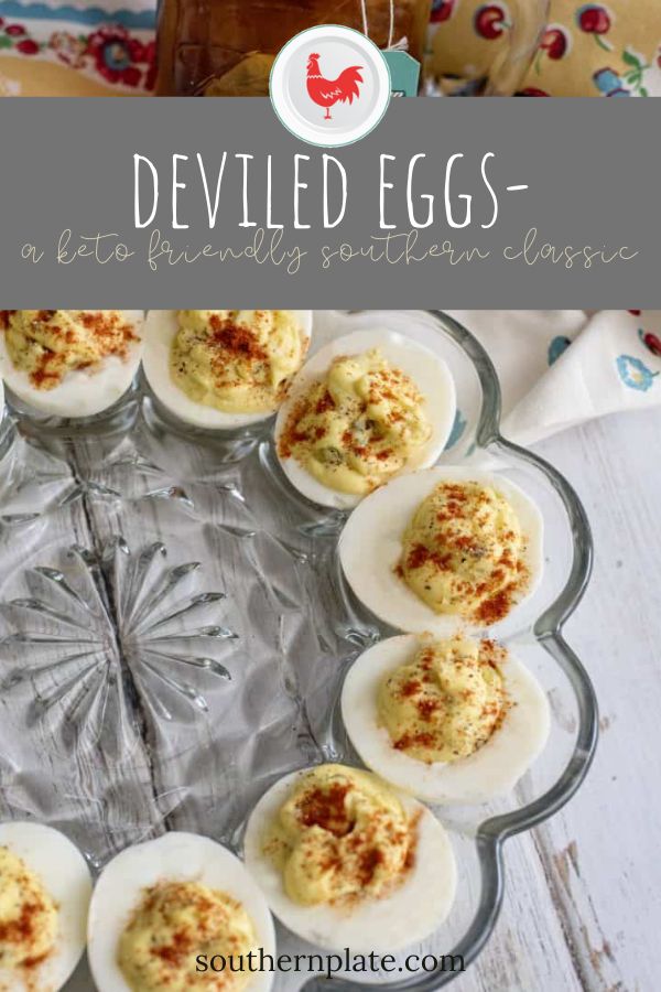 deviled eggs on a glass platter with text overlay