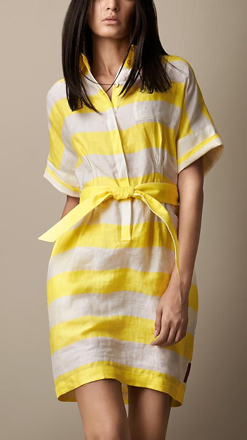 Block Stripe Linen Blend Shirt Dress | Burberry Áo Blu, Linen Blend Shirt, British Outfits, Linen Dresses, Striped Linen, Simple Dresses, Striped Shirt, Striped Dress, Hands On