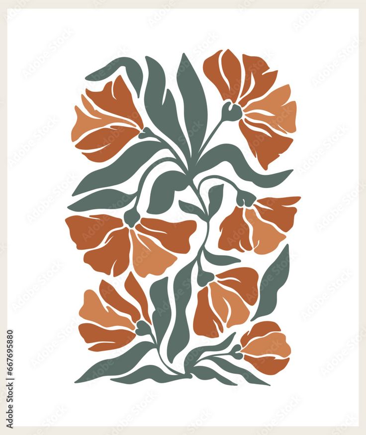 an orange flower with green leaves in the center on a white square background, is shown