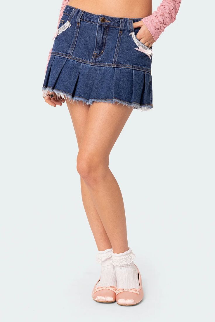 Katalina Pleated Hem Denim Mini Skirt – edikted Denim Miniskirt, Pleated Denim, Miniskirt Outfits, Swimwear Dress, Blue Skirt, Denim Mini, Denim Mini Skirt, Denim Fabric, Skirt Outfits