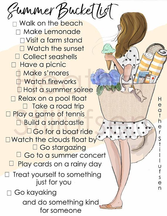 a woman in a dress holding an ice cream cone with the words summer bucket list on it