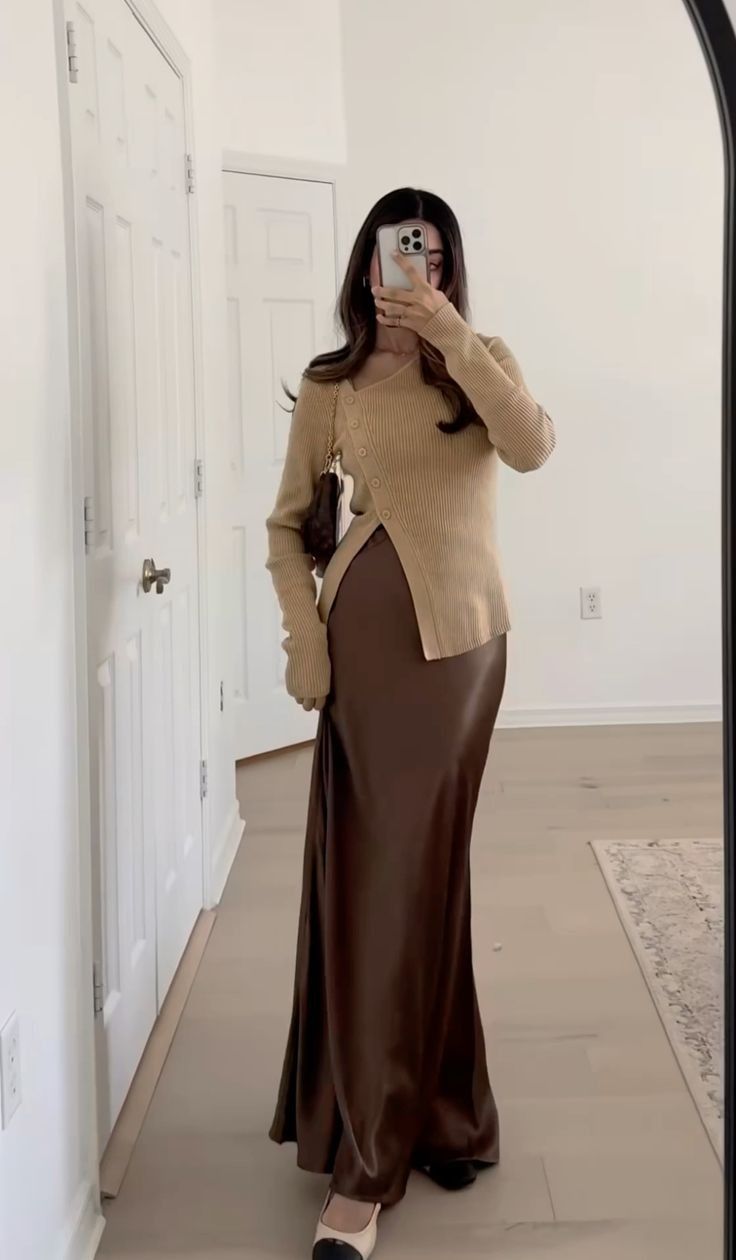 Feminine Outfit Ideas Winter, Elevated Everyday Outfit, Dark Brown Long Sleeve Outfit, Modest Summer Outfits Dresses, Outfits To Wear To Church Winter, Outfits To Wear To The Opera, Modest Romantic Outfit, Godet Skirt Outfit, Modest Boots Outfit