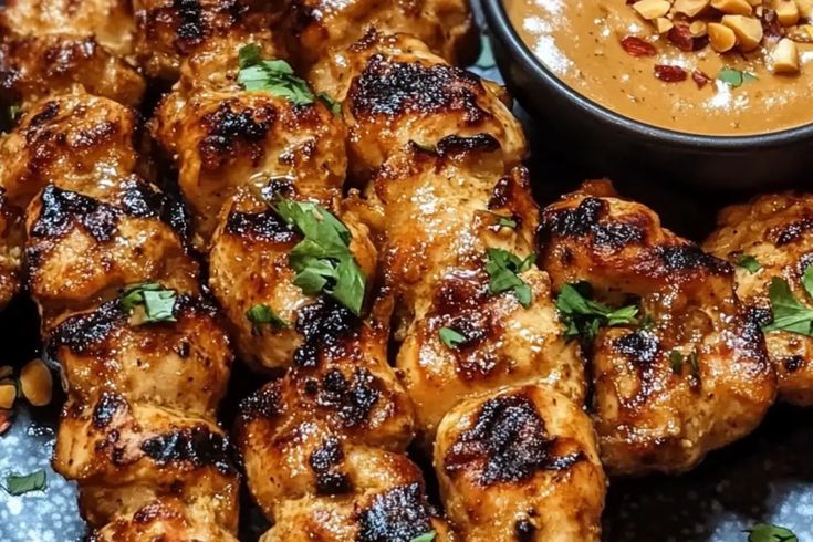 grilled chicken skewers with peanut sauce and garnish