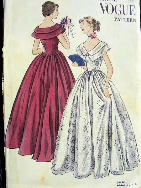 Evening Dress Pattern, 1950s Vogue, Gown Sewing Pattern, Evening Dress Patterns, Rolled Collar, Vintage Dress Patterns, Vogue Pattern, Costume Patterns, Vogue Patterns