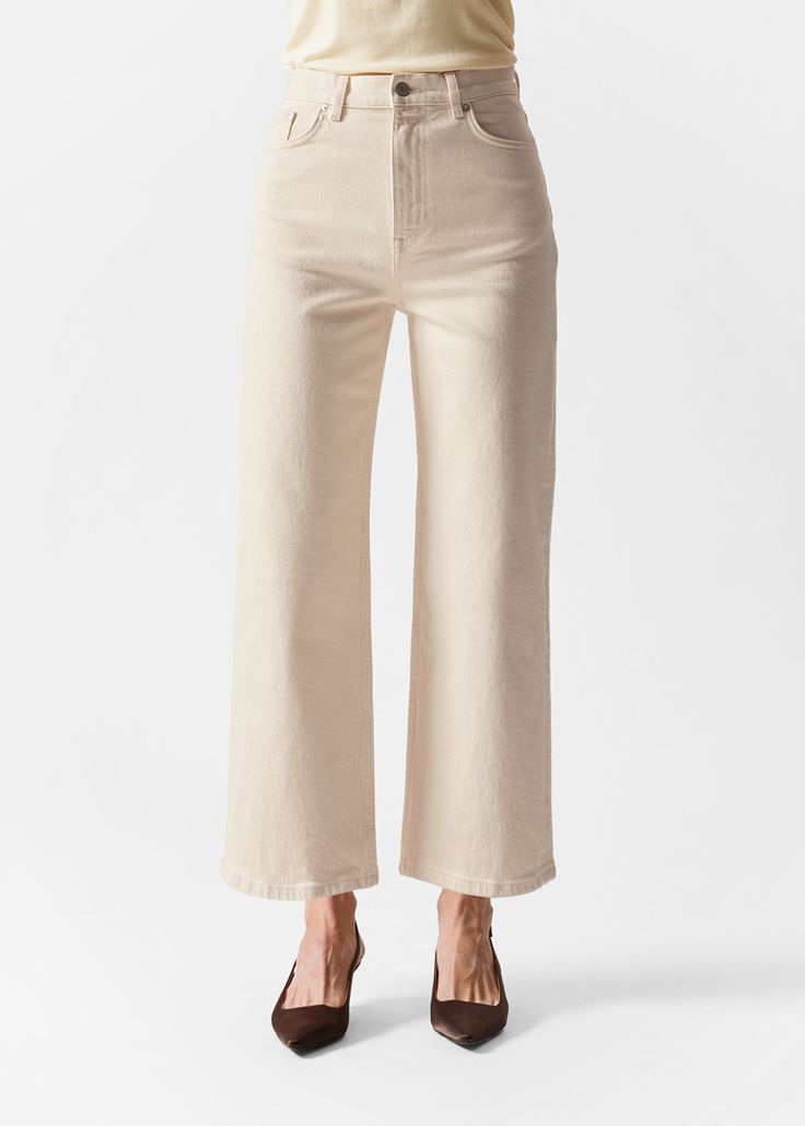 Wide Cropped Jeans - Light Beige - Jeans - & Other Stories US Fitted Cotton Jeans For Everyday, Classic Non-stretch Cotton Bottoms, Basic Everyday Cotton Jeans, Basic Cotton Jeans For Everyday, Basic Stretch Cotton Pants, Cotton Jeans For Summer Workwear, Summer Workwear Jeans Made Of Cotton, Summer Workwear Cotton Jeans, Classic Cotton Bottoms For Spring