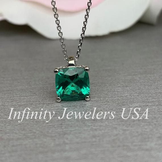 Cushion Cut Ladies Necklace / Green Emerald Bridal Gift / Anniversary Gift / Everyday Necklace / Pendant / 14k White Gold / #6172 #AnniversaryGift #TravelJewelry #SolitairePendant #CushionCut #MayBirthstone #GiftForHer #BirthdayGift #EmeraldPendant #EmeraldNecklace #MothersDay Fine Jewelry With May Birthstone In Rectangular Shape, Emerald Square Pendant Jewelry Gift, Fine Jewelry Square Pendant For Anniversary, Green Diamond Cut Emerald Pendant Necklace, Fine Jewelry With Cushion Cut And Prong Setting, Square Pendant Fine Jewelry For Anniversary, Cushion Cut Fine Jewelry With Prong Setting, Anniversary Fine Jewelry With Square Pendant, Green Rectangular Sterling Silver Jewelry