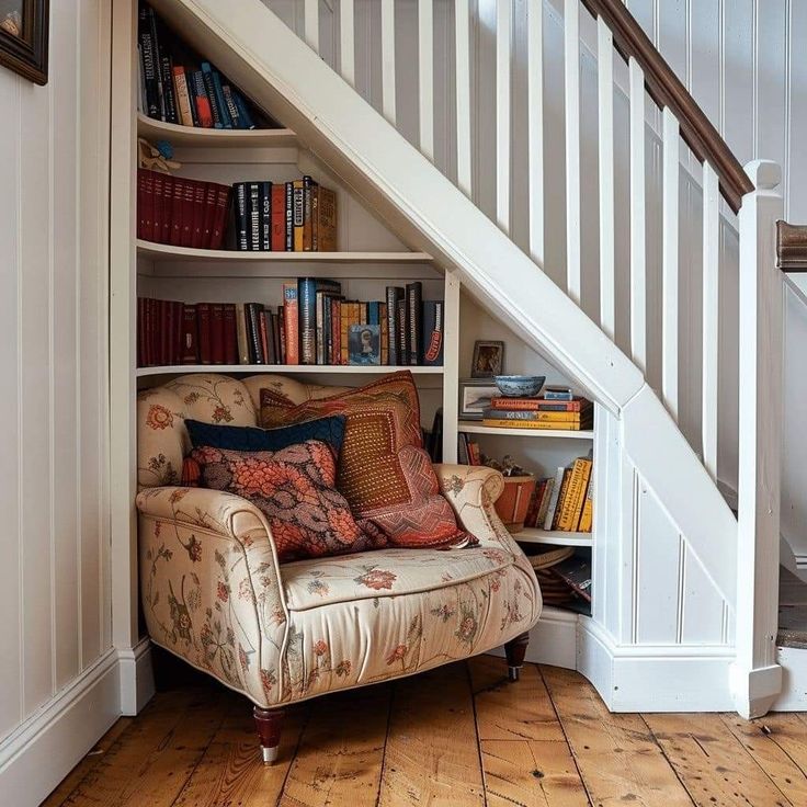 a living room with a chair and bookshelf under the stairs