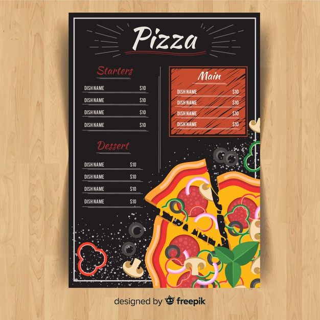 a pizza menu on a wooden table