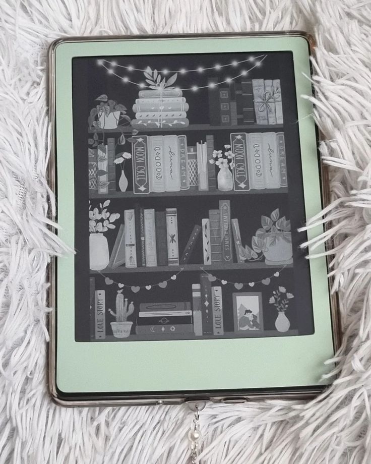 there is a black and white photo of books on the book shelf with string lights