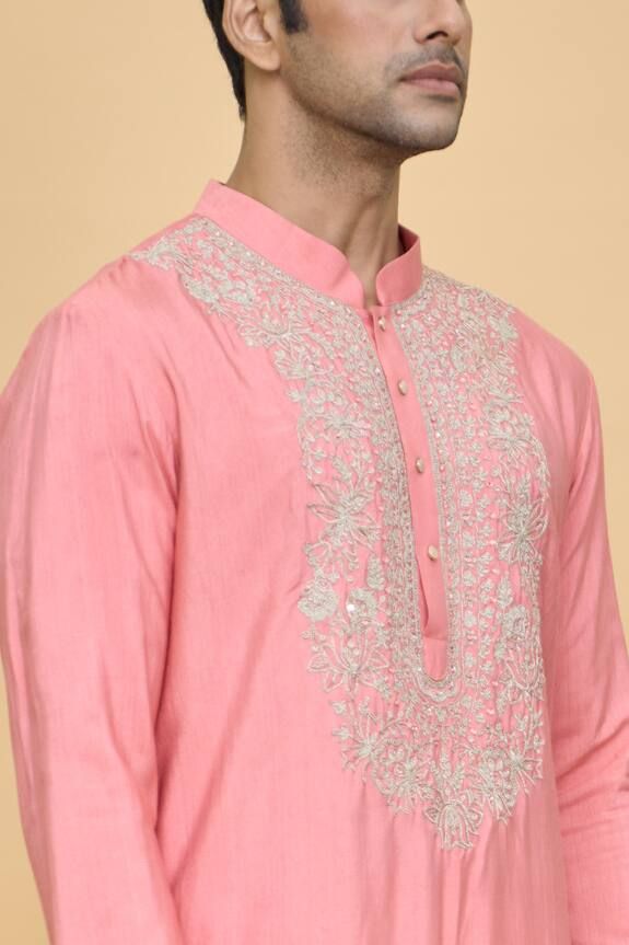 Dusty pink kurta with floral embroidered yoke and cuffs. Comes with contrasting pyjama pant. - Aza Fashions Mithila Palkar, Pink Kurta, Men Kurta, Adah Sharma, Kurta Pant Set, Diana Penty, Sara Ali Khan, Kareena Kapoor Khan, Madhuri Dixit