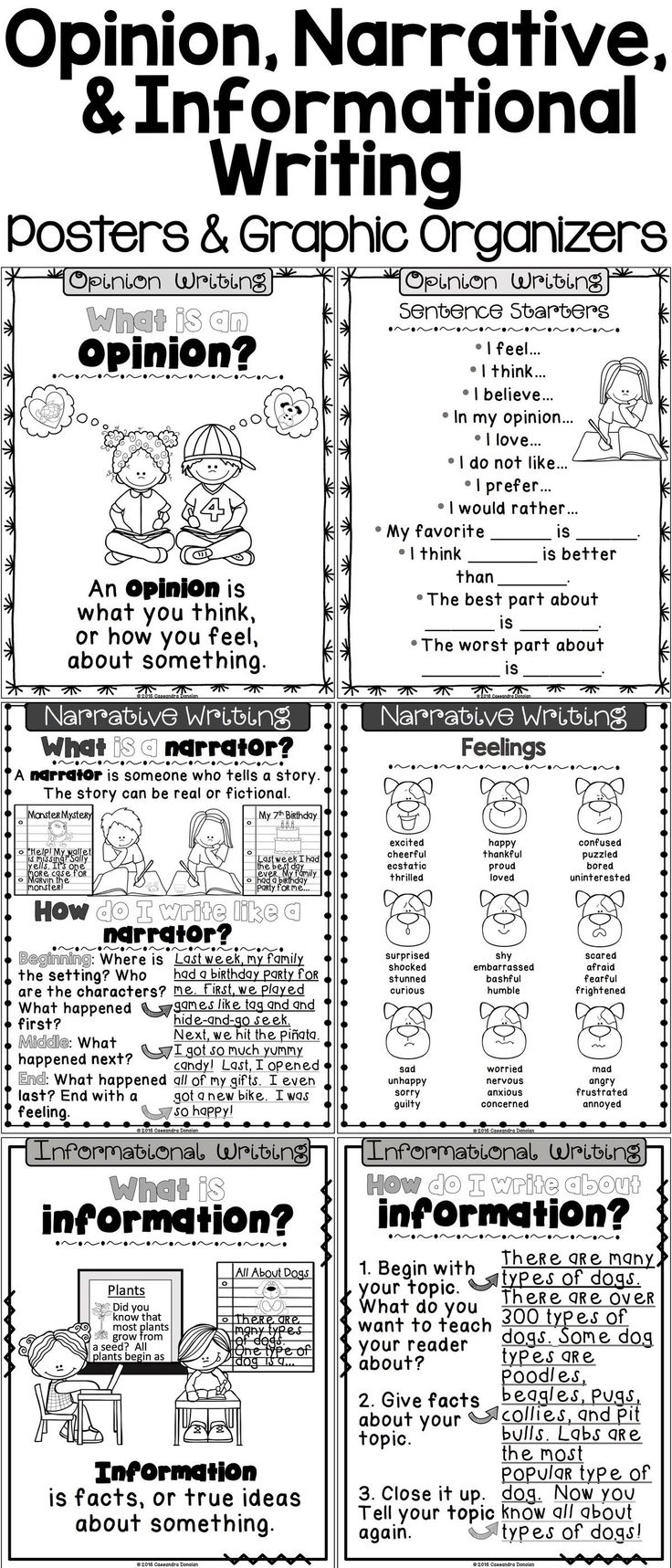 an information poster for writing and organizing with the words opinion, narrative, & information