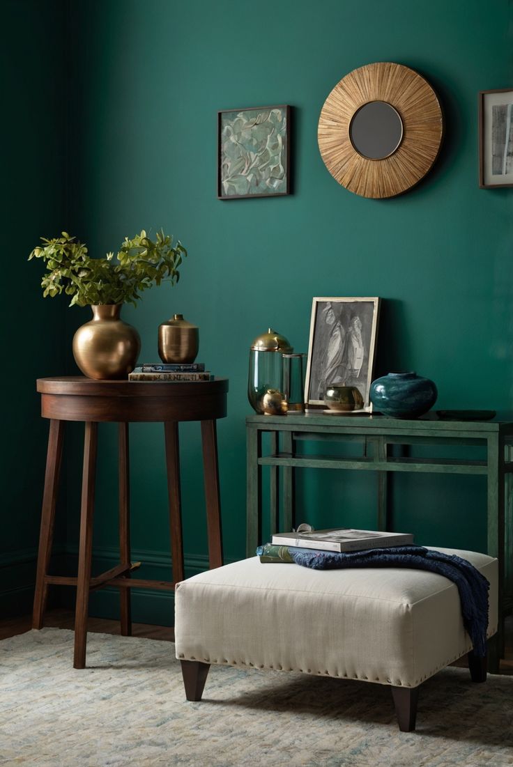 a living room with green walls and a white ottoman in front of a small table