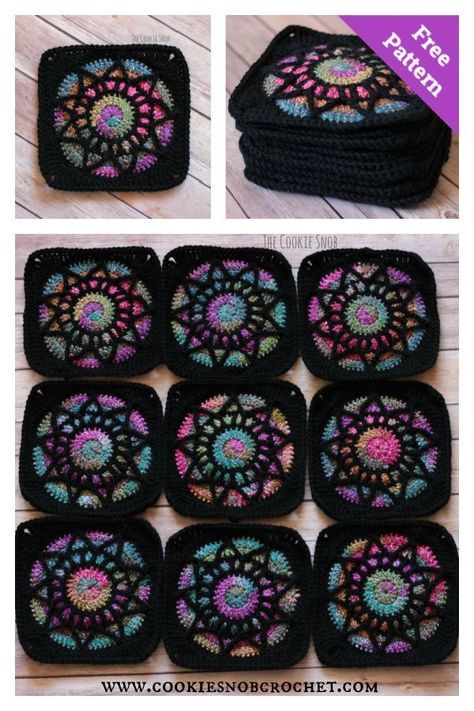 the crocheted coasters are all made up of different colors and sizes, including black