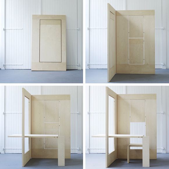 four different views of the inside of a room with shelves and desks in it