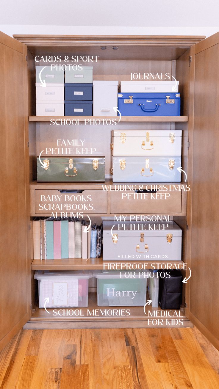 an organized closet with labeled labels on the bottom shelf and various items in each drawer