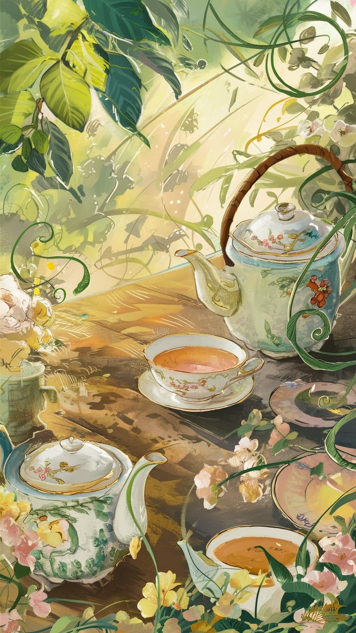 a painting of tea and flowers on a table