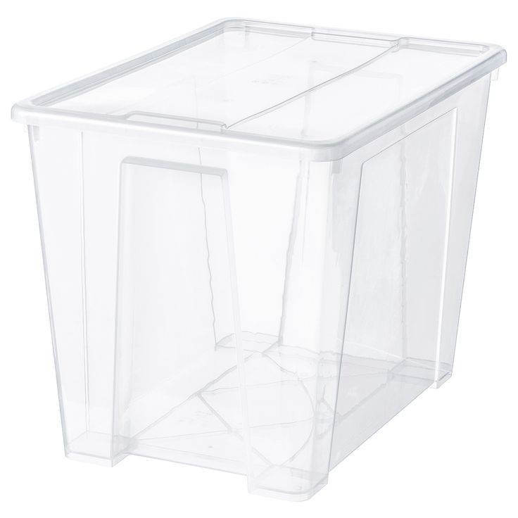 a clear plastic storage box on a white background