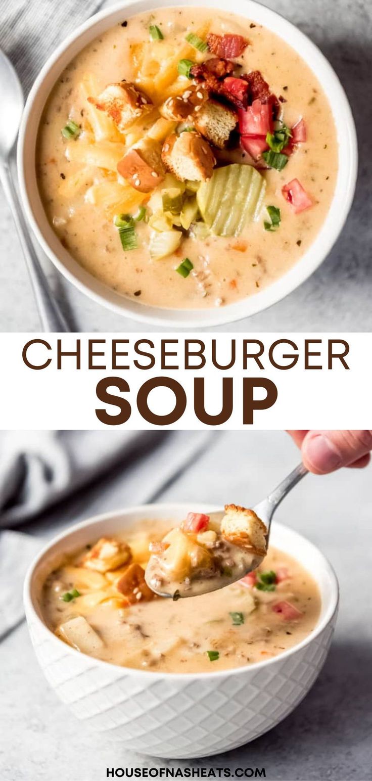 two pictures showing different types of soup in white bowls