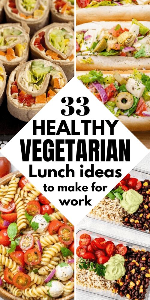 healthy vegetarian lunch ideas to make for work, including pizzas and salads on the table