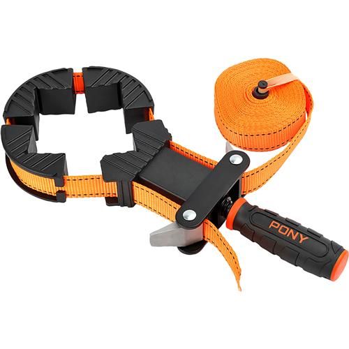 a pair of orange and black straps with an orange handle on each side, attached to