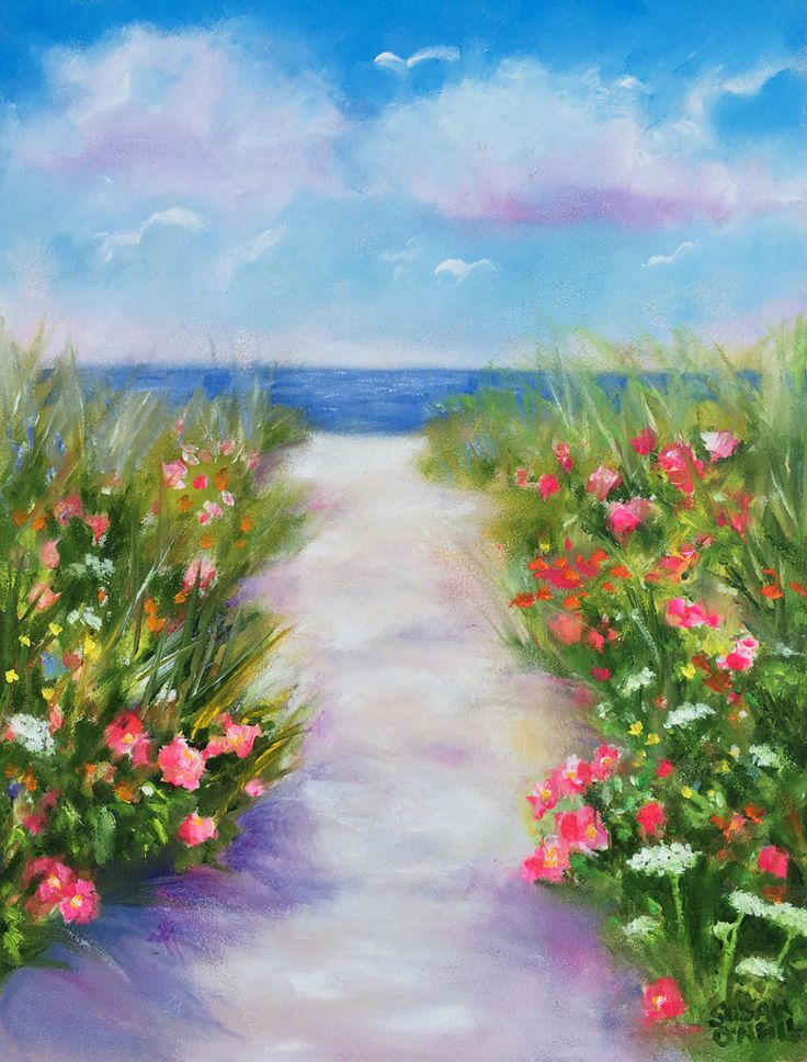 an oil painting of a path leading to the beach with flowers on either side and water in the background