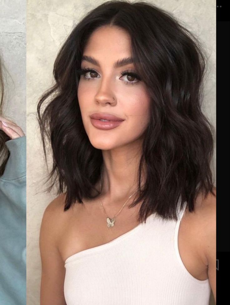 Dark Brown Medium Bob, Dark Collarbone Length Hair, Short Center Part Hair, Shoulder Length Haircut No Layers, Shoulder Length Hair Cuts 2024, Mom Chop Hair Brunette, Medium Length Haircut For Round Faces Trending Hairstyles, Collar Length Hairstyles, Color Bone Length Hair