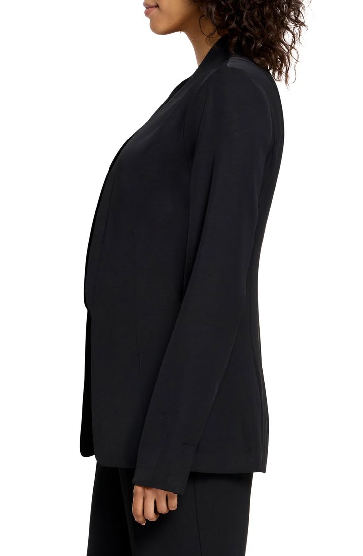 Fall for the smooth, easy drape of this seamed day-to-night blazer designed with an open front for endless layering possibilities. 27" length Open front Unlined 100% polyester Machine wash, tumble dry Imported Versatile Fitted Blazer For Layering, Elegant Tailored Blazer For Layering, Elegant Notch Lapel Blazer For Layering, Elegant Open Front Office Blazer, Elegant Open Front Blazer For Office, Elegant Open Front Workwear Blazer, Elegant Open Front Blazer For Workwear, Elegant Open Front Formal Blazer, Blazer Designs