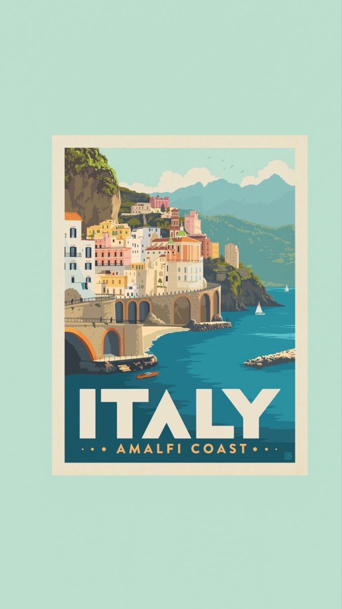 an italian travel poster with the words italy in white and blue, on a light green background