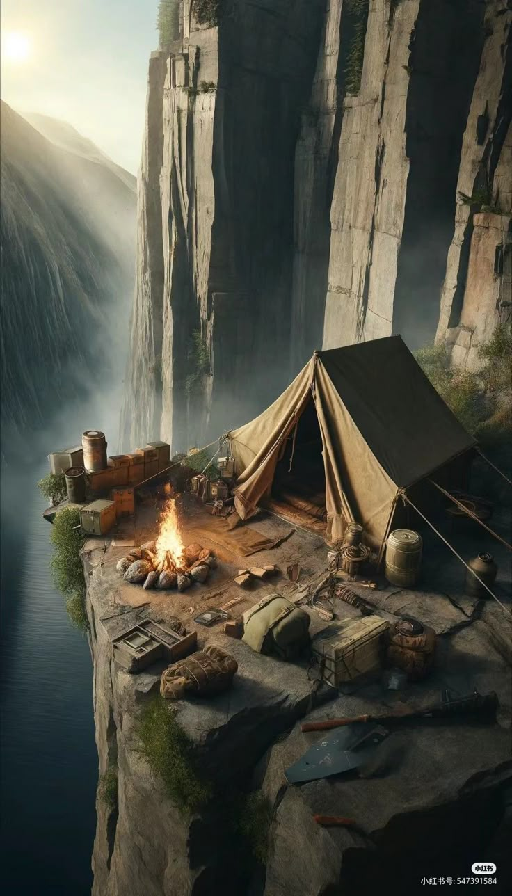 a tent is set up on the edge of a cliff with a campfire in front of it