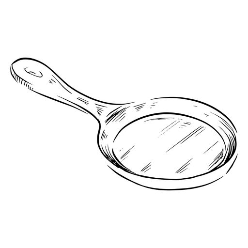 a frying pan with a wooden handle on a white background, hand drawn illustration