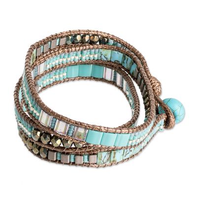 Glass Beaded Wrap Bracelet in Turquoise from Guatemala - Mayan Monolith | NOVICA Artisan Turquoise Hand Wrapped Wrap Bracelet, Artisan Hand Wrapped Turquoise Wrap Bracelet, Turquoise Multi-strand Wrap Bracelet As Gift, Hand Wrapped Turquoise Spiritual Wrap Bracelet, Turquoise Multi-strand Hand Wrapped Bracelet, Blue Multi-strand Hand Wrapped Beaded Bracelets, Adjustable Multi-strand Artisan Beaded Bracelets, Adjustable Beaded Blue Wrap Bracelet, Turquoise Wrap Bracelet Gift