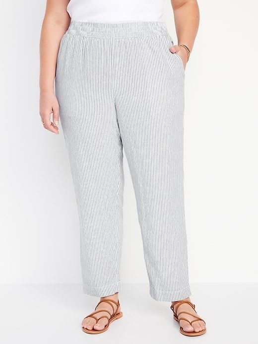 High-Waisted Linen-Blend Straight Pants | Old Navy Casual Relaxed Fit Pull-on Bottoms, Casual Tapered Leg Bottoms With Pull-on Style, Relaxed Pull-on Trousers, Casual Bottoms With Side Pockets For Daywear, Daywear Straight Pants With Pockets, Casually Loose-fitting Bottoms With Side Pockets, Relaxed Spring Bottoms With Pockets, Relaxed Fit Bottoms With Pockets For Daywear, Casual Bottoms With Loosely Fitted Hips And Side Pockets