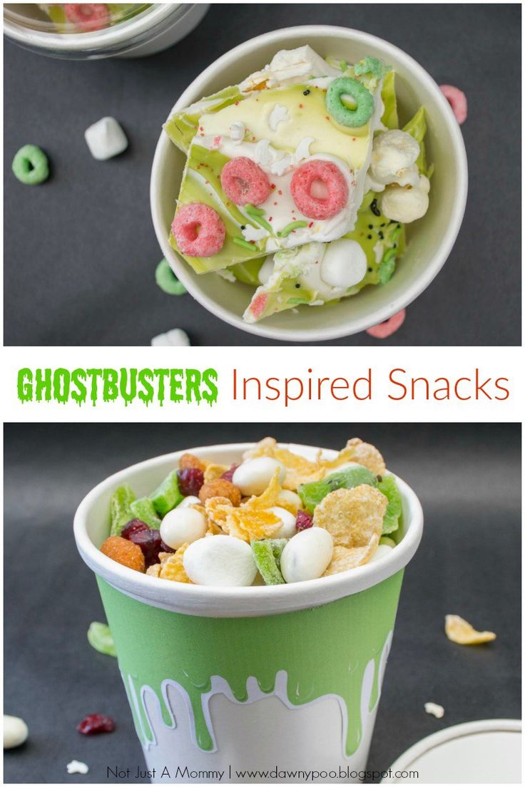 two pictures with different types of food in them and the words ghostbusters inspired snacks