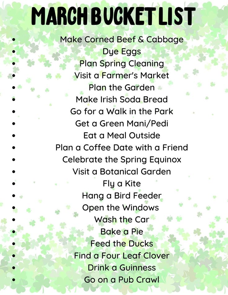 the march bucket list is shown in green and white with shamrocks on it's side