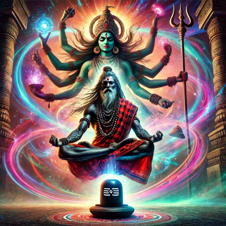 the hindu god sitting on top of a black object in front of a colorful background